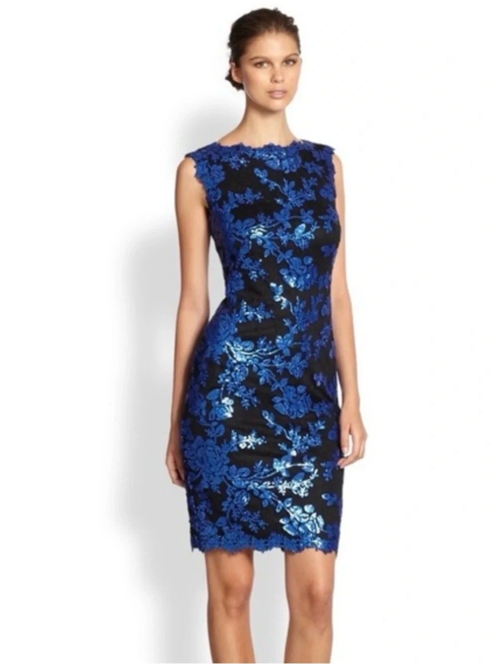 Tadashi Shoji Floral Lace Sheath Dress Blue Black Size 8 Wedding Guest Cocktail